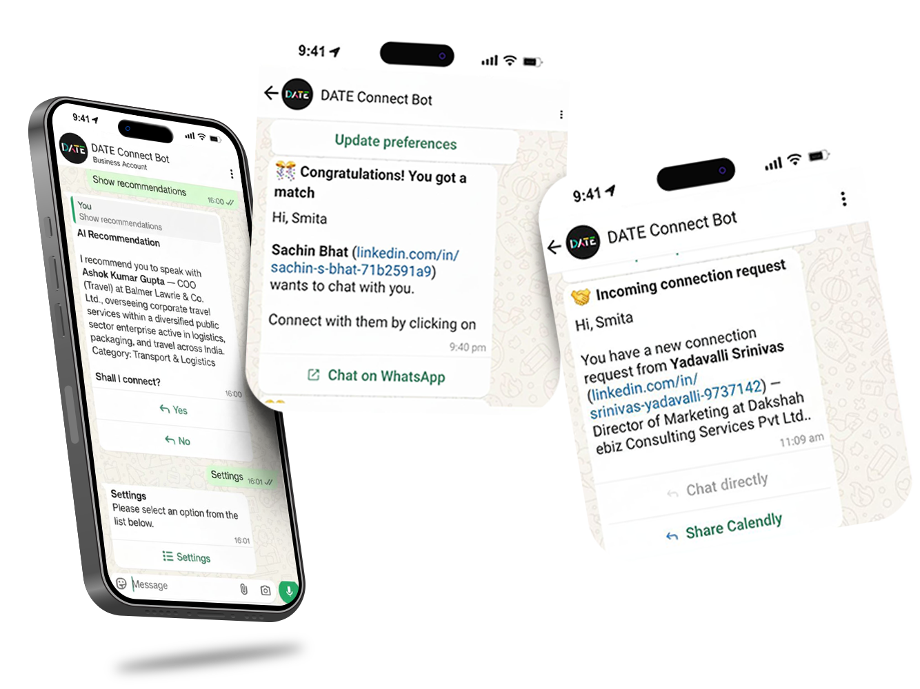 WhatsApp networking interface showing AI matchmaking